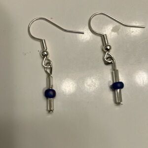 Silver glass beads with blue iridescent beads earrings. (See matching bracelet)